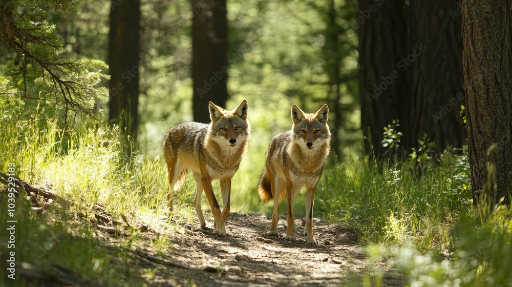 Naklejka premium Coyotes Pair: Mammals in the Wild Forest, Luring on the Trail