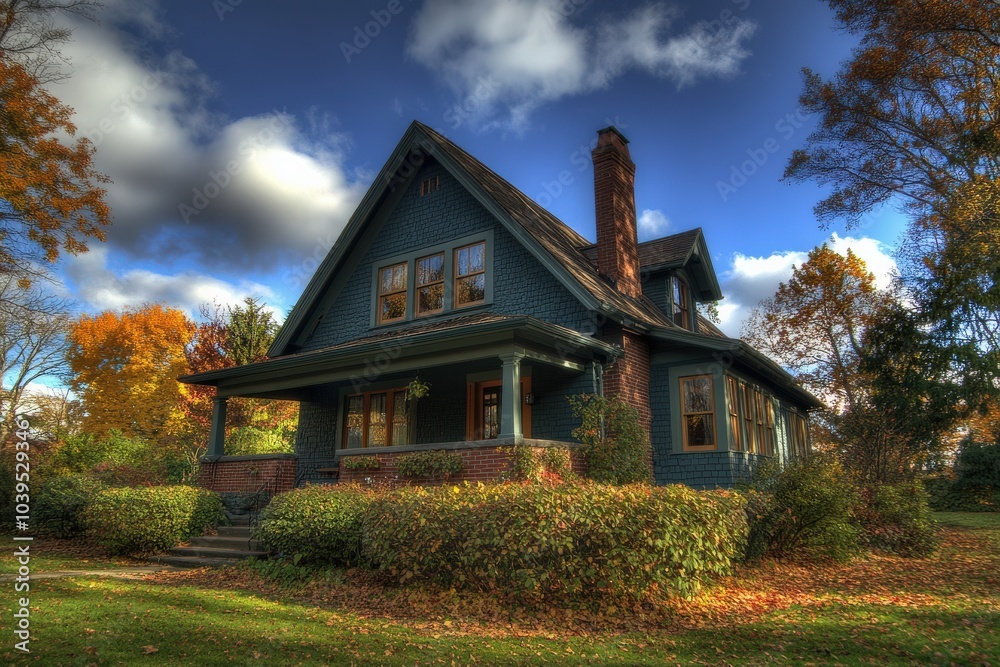 Craftsman Style House with Bay Window in Autumn Classic Blue Skies Craftsman Style House with Bay Window in Autumn Classic Blue Skies