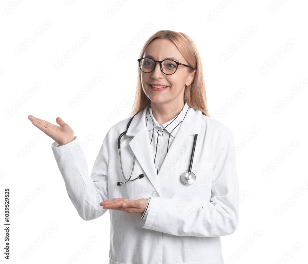 Doctor with stethoscope showing something on white background Doctor with stethoscope showing something on white background