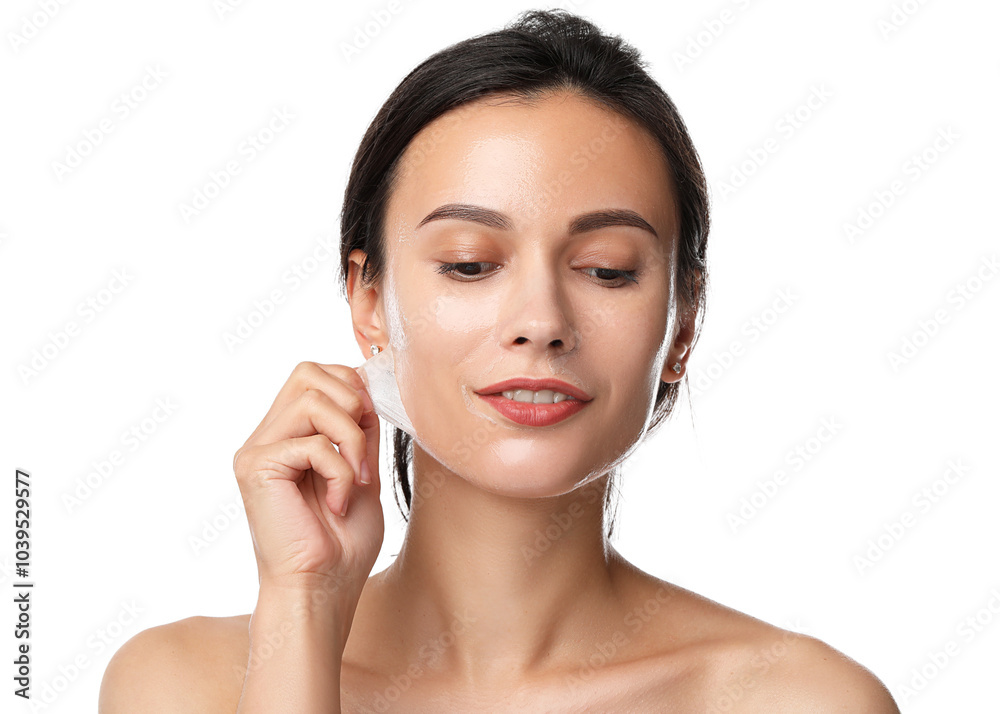 Beautiful woman peeling off face mask on white background Beautiful woman peeling off face mask on white background