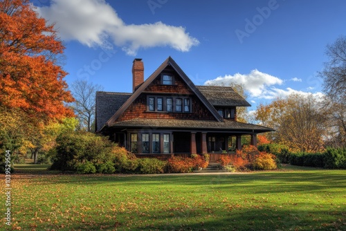 Craftsman Style House with Blue Skies and Autumn Bushes