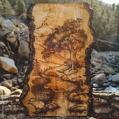 Artistic Woodburned Plaque with Nature Scene photo