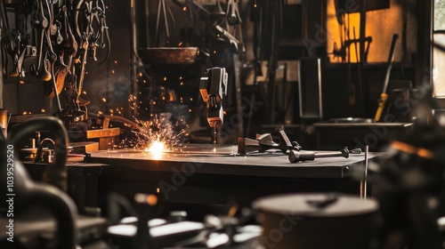 A serene metalworking studio with welding tools and metal sculptures, Metalworking tools arranged around a workshop, Industrial workshop style