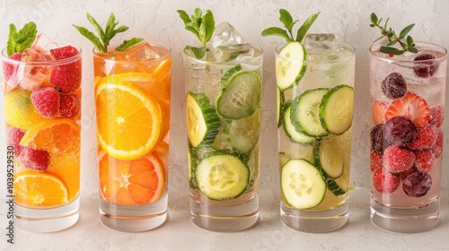 Fruit cocktails on white background . Many different types of assortment of fruit cocktails