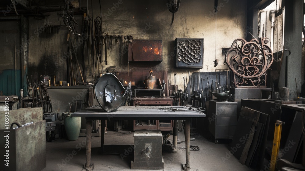 A serene metalworking studio with welding tools and metal sculptures, Metalworking tools arranged around a workshop, Industrial workshop style