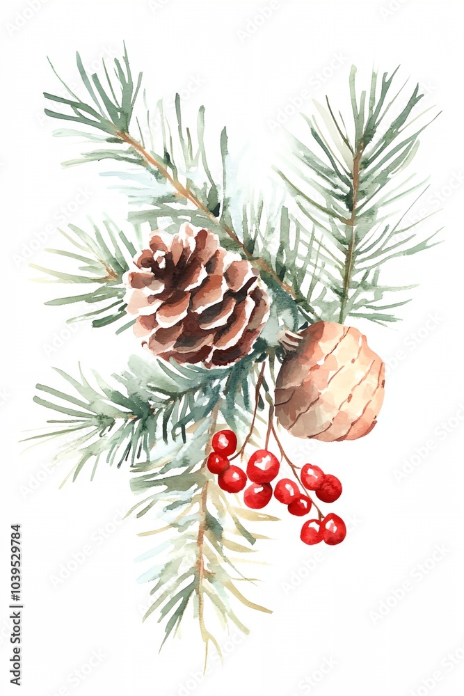 A watercolor painting of a pine tree with red berries and pine cones. The painting has a festive and joyful mood, with the bright red berries and the pine cones adding a sense of warmth A watercolor painting of a pine tree with red berries and pine cones. The painting has a festive and joyful mood, with the bright red berries and the pine cones adding a sense of warmth