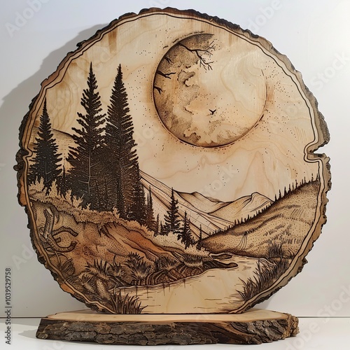 Artistic Woodburned Plaque with Nature Scene photo