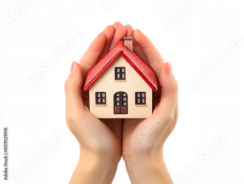 A hand is holding a small house. The house is red and white