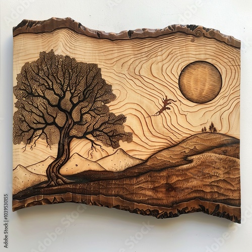 Artistic Woodburned Plaque with Nature Scene photo