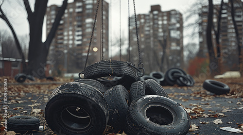 Wallpaper Mural A pile of swing tires scattered in a park, with buildings in the background. Torontodigital.ca