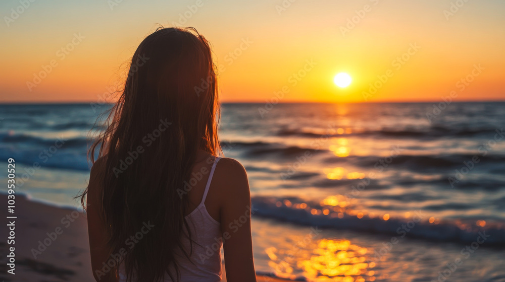 A solitary figure enjoys a tranquil sunset by the ocean waves on a warm evening A solitary figure enjoys a tranquil sunset by the ocean waves on a warm evening