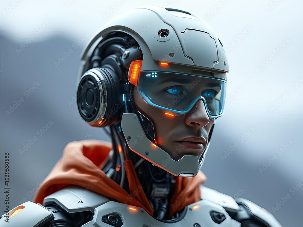 A man in a white and orange outfit with blue goggles and a helmet