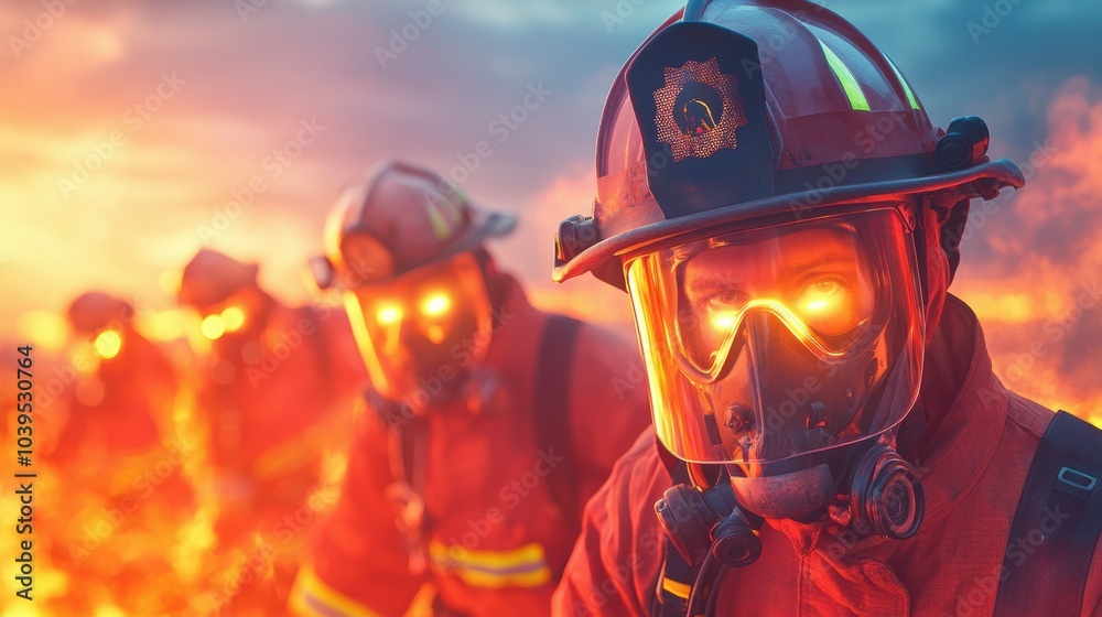 Brave firefighters battling intense flames with glowing helmets. Brave firefighters battling intense flames with glowing helmets.