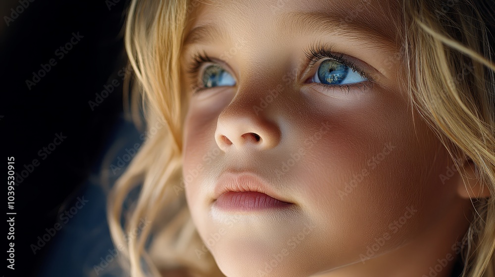 A tight shot of a child's blue eyes gazing upward, framed by golden locks against the sky backdrop A tight shot of a child's blue eyes gazing upward, framed by golden locks against the sky backdrop