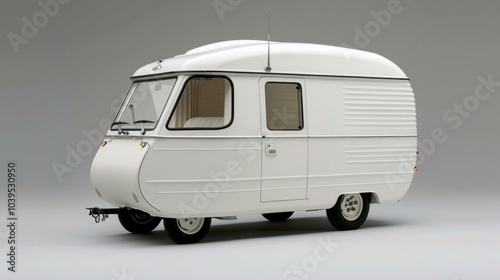 A small white three-wheeled motorhome in white sitting on a gray background without logo, Ai Generative.