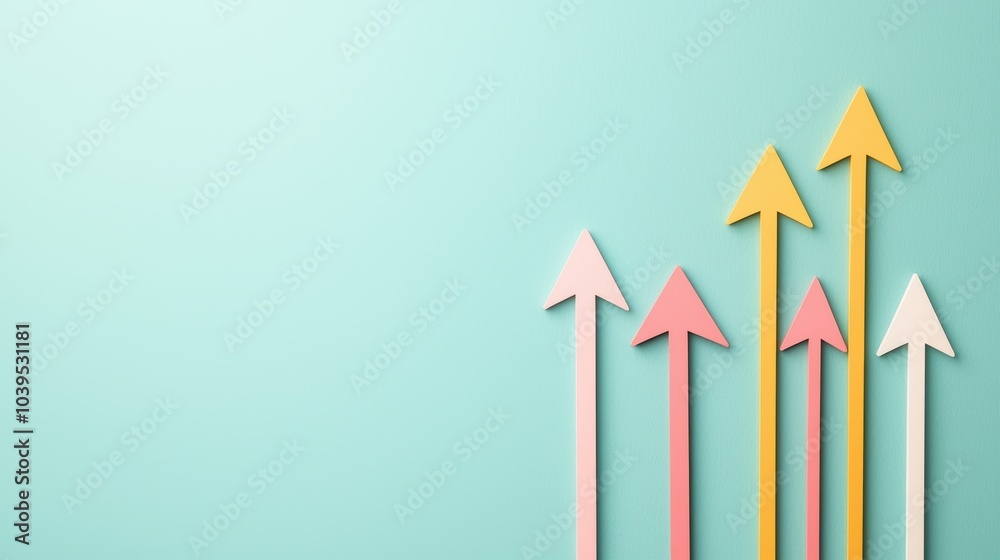 Colorful arrows pointing upwards on a blue background. Colorful arrows pointing upwards on a blue background.