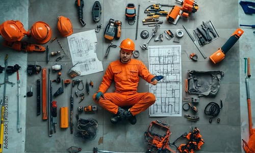 Worker in orange suit surrounded by tools and blueprints.