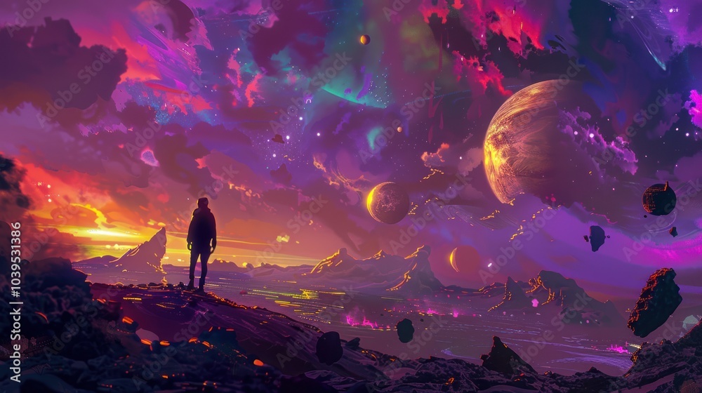 Fototapeta premium A Lonely Figure Gazing at a Cosmic Landscape