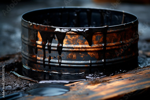 Oil barrel with oil dripping, causing visible contamination in the environment photo