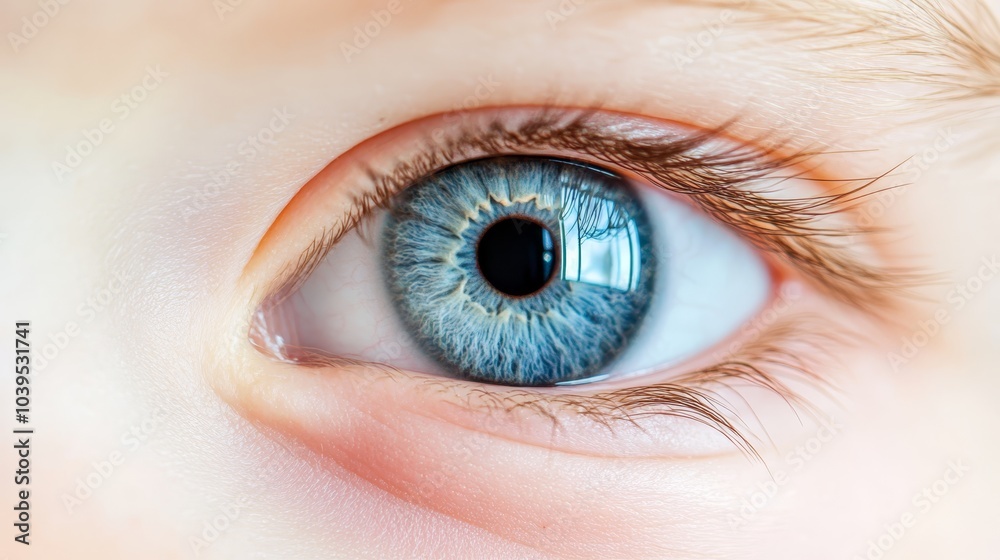 A tight shot of a child's blue eye with a circular black pupil in the iris A tight shot of a child's blue eye with a circular black pupil in the iris