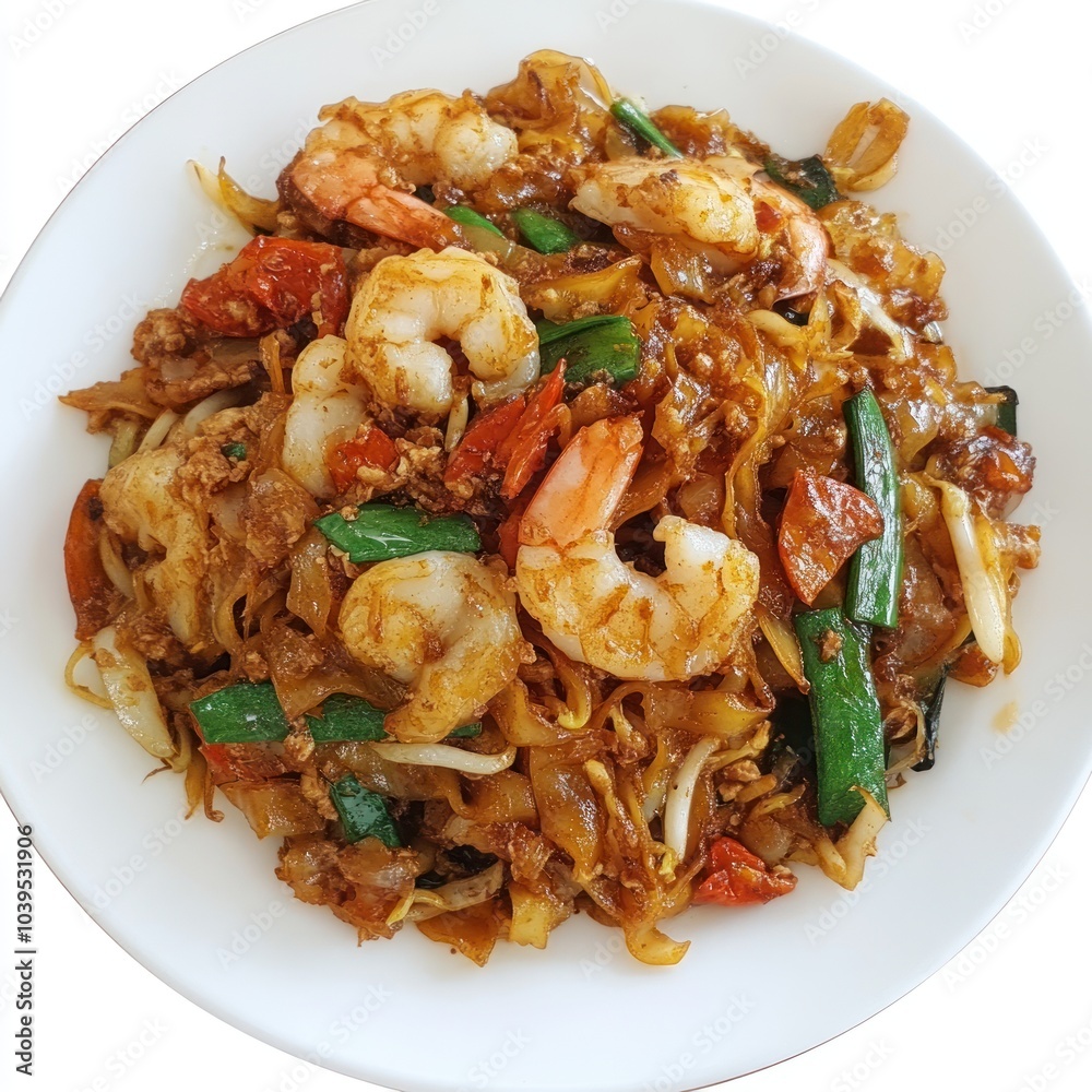 A plate of stir-fried noodles with shrimp, vegetables, and a savory sauce. A plate of stir-fried noodles with shrimp, vegetables, and a savory sauce.