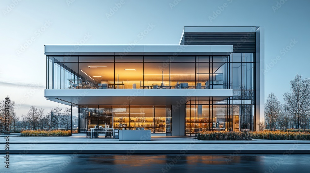 Modern office building with glass facade and warm interior lighting. Modern office building with glass facade and warm interior lighting.