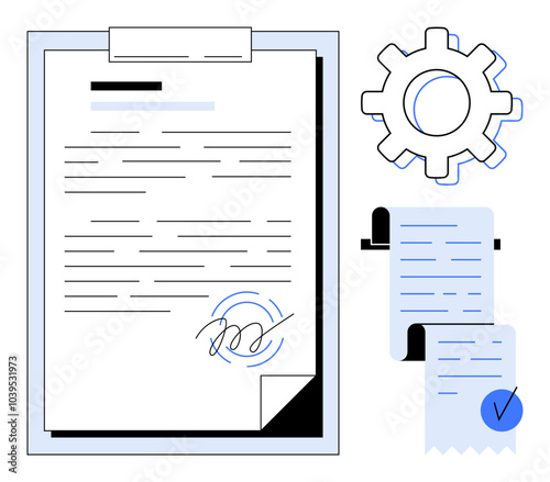 A signed document, receipt with checkmark, and gear icon representing settings. Ideal for business, contracts, administrative tasks, legal agreements, and documentation processes. Outline drawing