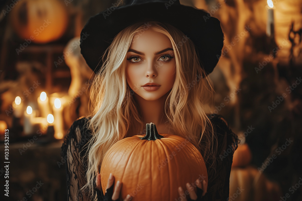 Beautiful Blonde Witch Holding Orange Pumpkin with Candles and Magical Objects, Mysterious Halloween Concept for Advertising Beautiful Blonde Witch Holding Orange Pumpkin with Candles and Magical Objects, Mysterious Halloween Concept for Advertising