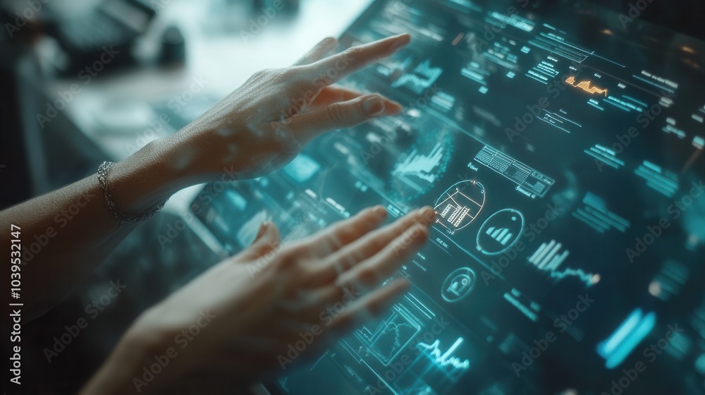 A close-up of hands interacting with a transparent digital interface, with holographic charts and graphs symbolizing technological governance A close-up of hands interacting with a transparent digital interface, with holographic charts and graphs symbolizing technological governance