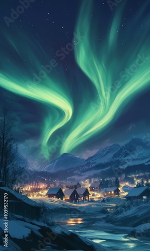 Snowy village lit by aurora borealis.