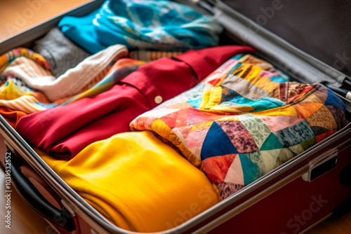 Suitcase full of carefully folded clothes, focus on space optimization