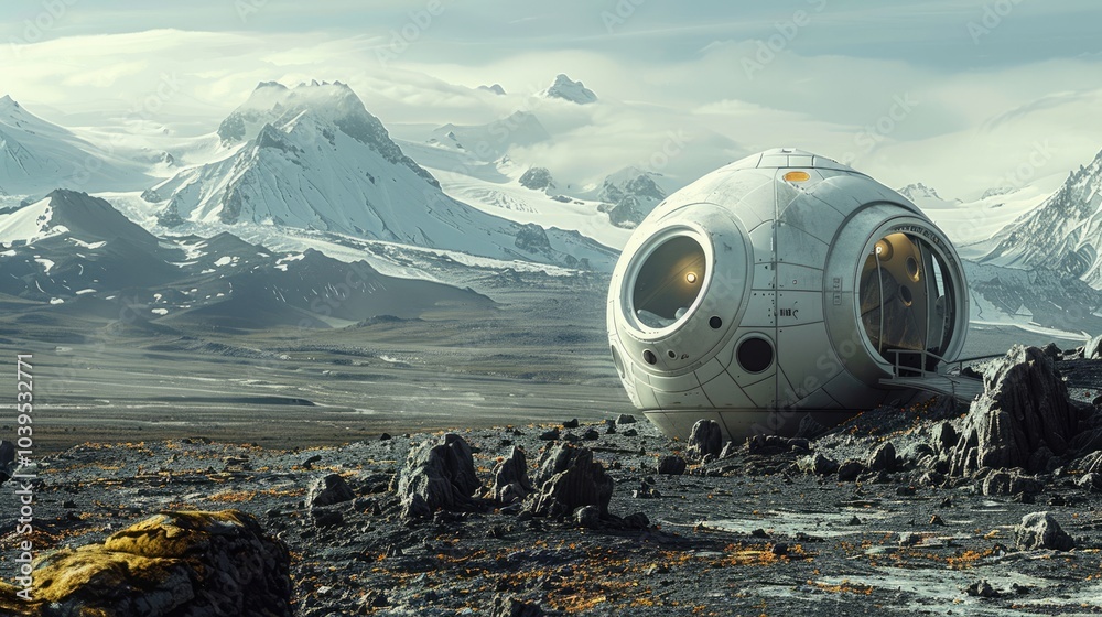 Fototapeta premium A futuristic cabin in a post-apocalyptic landscape surrounded by snow-covered mountains.