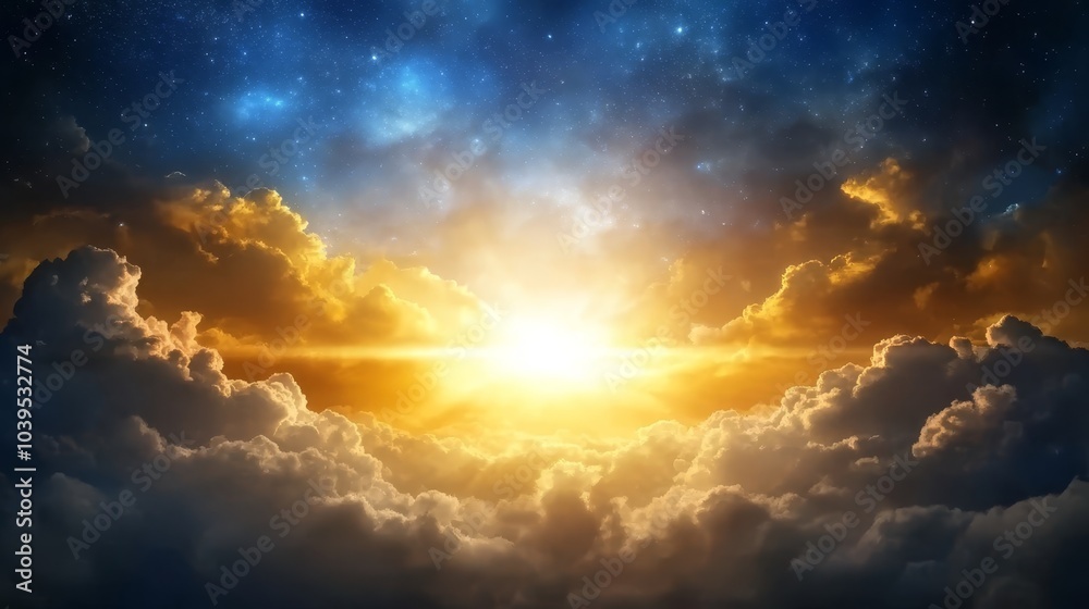 The sun shines brilliantly through clouds in the night sky, revealing a solitary star at its zenith The sun shines brilliantly through clouds in the night sky, revealing a solitary star at its zenith