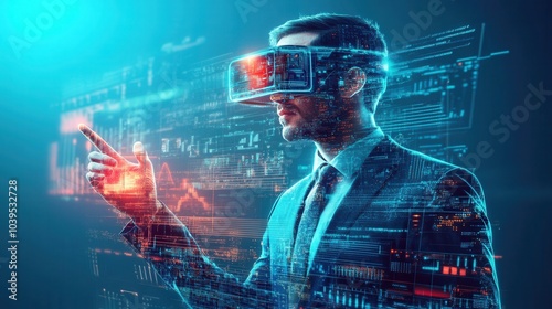 A futuristic government official with augmented reality glasses, working with holographic data, symbolizing the use of technology in leadership