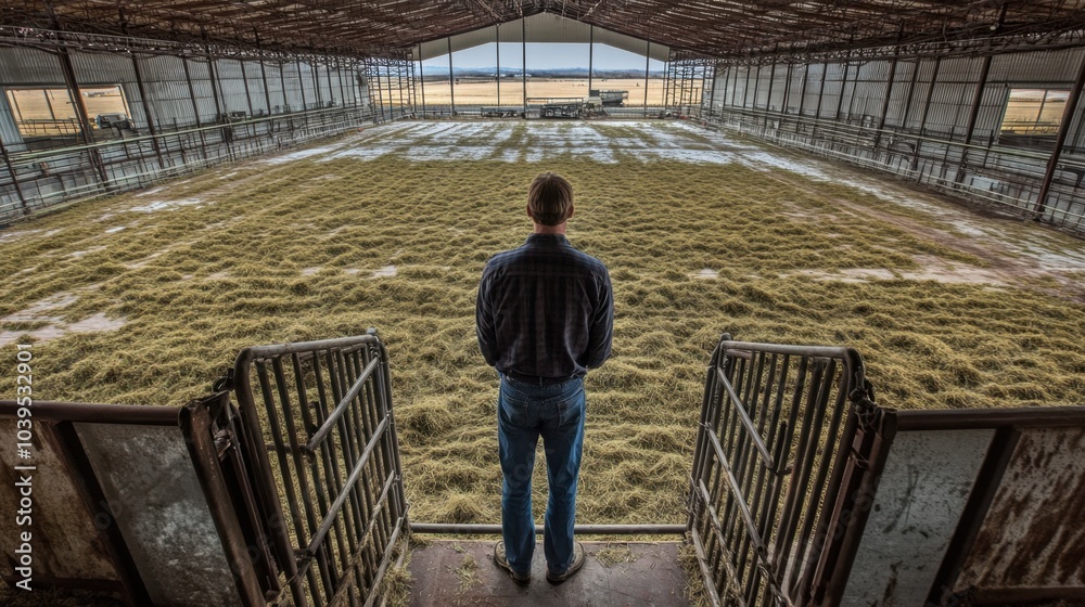 Farmer managing cattle during feed time within an expansive barn hay spread across floor and steel gates in view Farmer managing cattle during feed time within an expansive barn hay spread across floor and steel gates in view