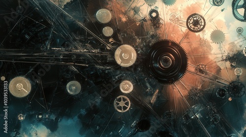 An abstract representation of power structures with gears and wires connecting political and technological elements