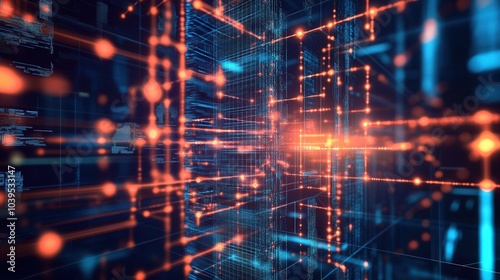 An abstract visualization of digital algorithms and artificial intelligence systems taking over traditional governance models, with circuits and data lines weaving through governmental structures