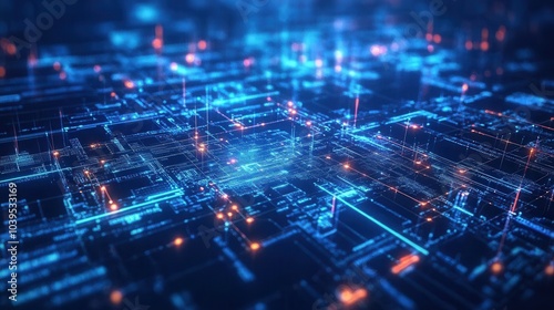 An abstract visualization of digital algorithms and artificial intelligence systems taking over traditional governance models, with circuits and data lines weaving through governmental structures