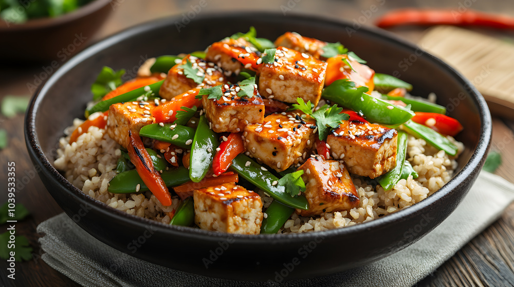 A vibrant stir-fry dish featuring a mix of colorful bell peppers, snap peas, carrots, and tofu, all tossed in a light soy-ginger sauce and served over brown rice A vibrant stir-fry dish featuring a mix of colorful bell peppers, snap peas, carrots, and tofu, all tossed in a light soy-ginger sauce and served over brown rice