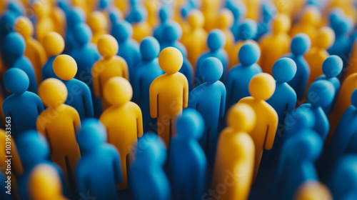 A large group of vibrant blue and orange figures against a bright sunset background, representing unity and diversity