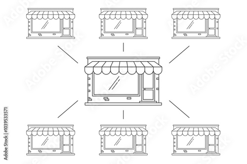 Marketplace scheme model line stroke outline vector illustration graphic, franchise business store shop management thin linear minimal design, growth vendor ecommerce strategy image clip art
