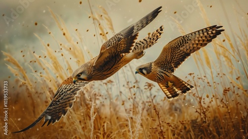 Pair of kestrels hovering over a field. photo