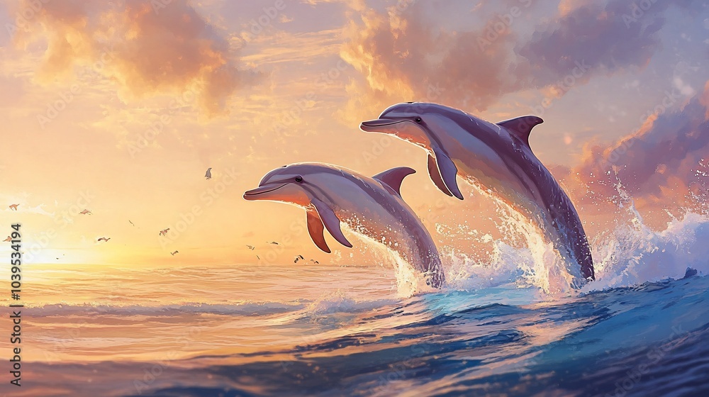 Fototapeta premium Two dolphins leap out of the water at sunset, creating a splash and a trail of bubbles.
