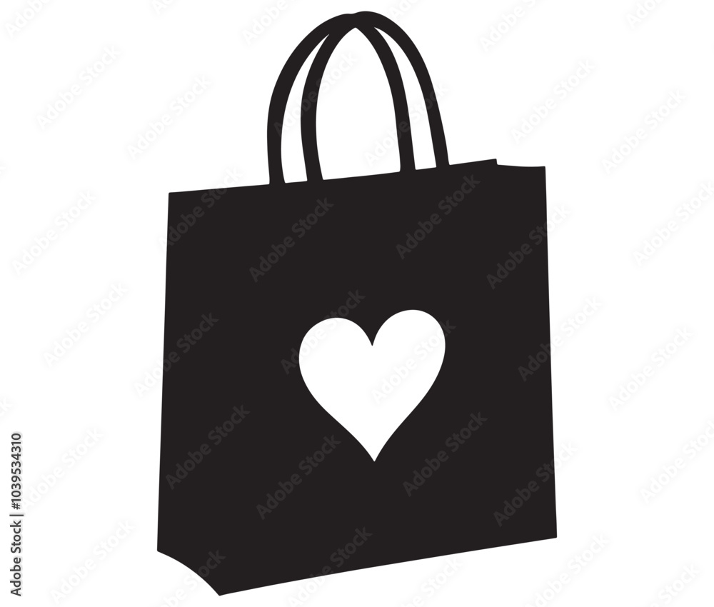 Black shopping bag with heart. Shopping bag icon. Shopping bag silhouette vector Black shopping bag with heart. Shopping bag icon. Shopping bag silhouette vector