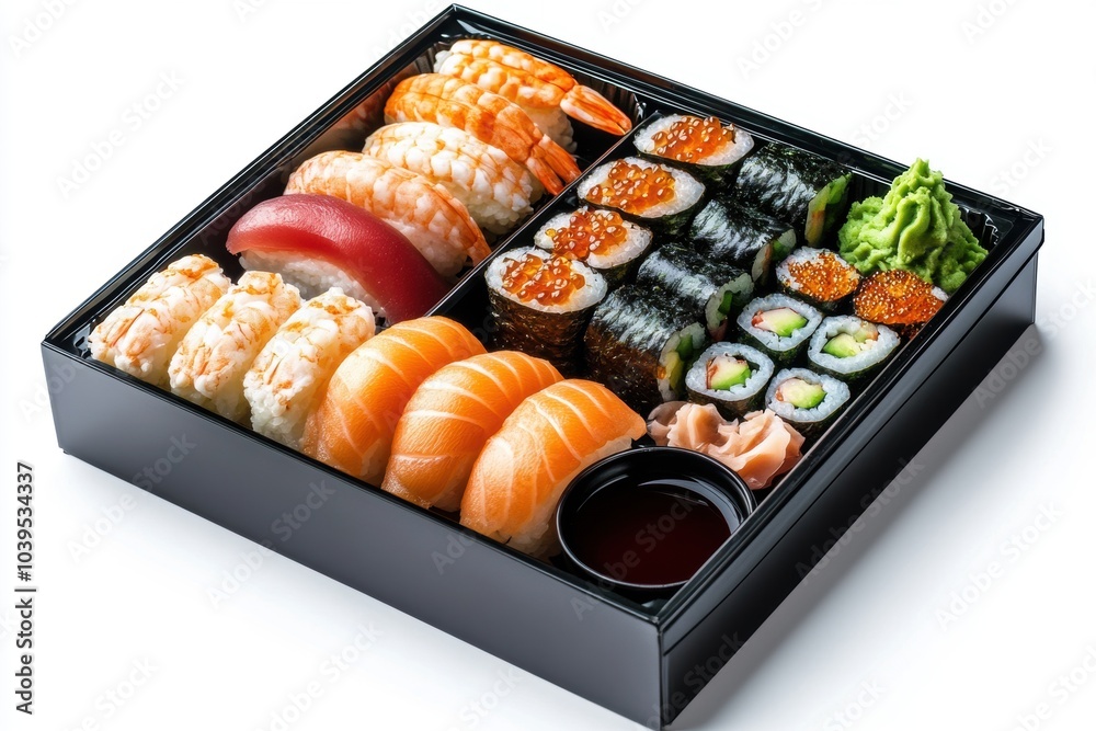 Delicious bento box featuring assorted sushi and a side of soy sauce for a perfect dining experience.