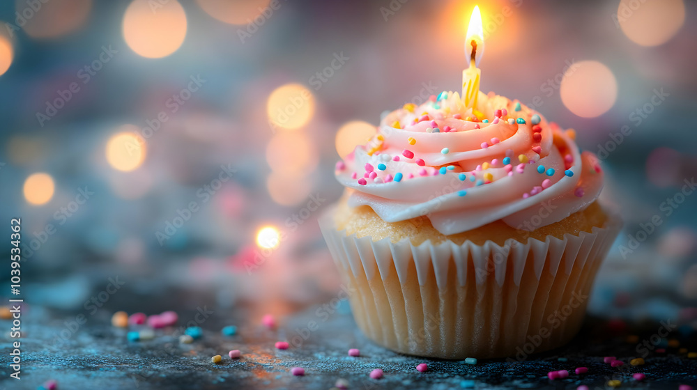 Single Candle Birthday Cupcake with Sprinkles and Bokeh Background - Photo Single Candle Birthday Cupcake with Sprinkles and Bokeh Background - Photo