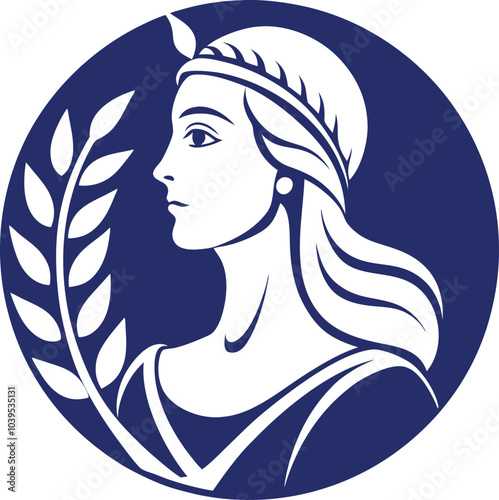 The Goddess of Victory: A timeless depiction of a regal woman, crowned with laurel, symbolizes victory and triumph, her profile set against a deep blue circle.  