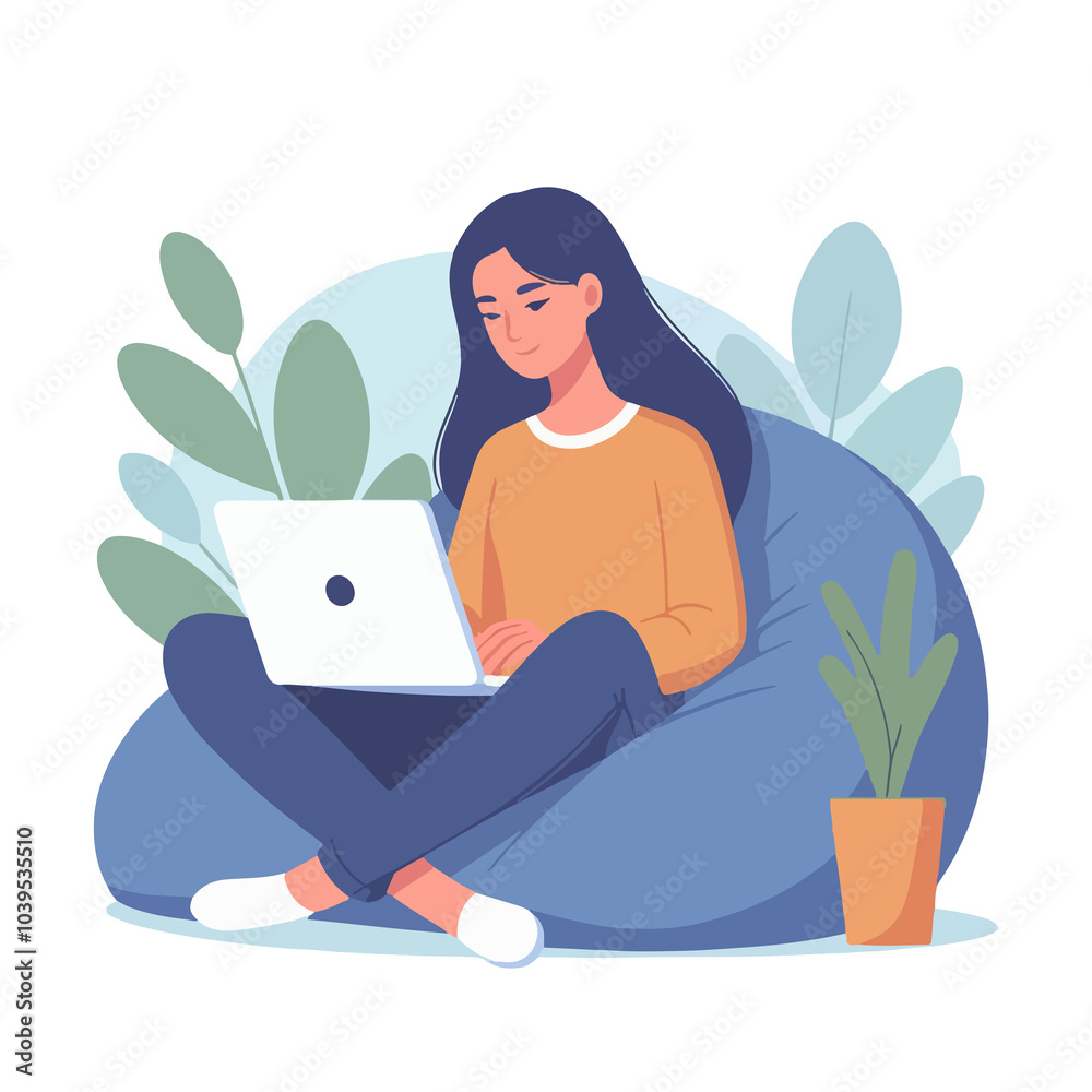 A female sitting beanbag and using laptop in flat illustration
A female sitting beanbag and using laptop in flat illustration