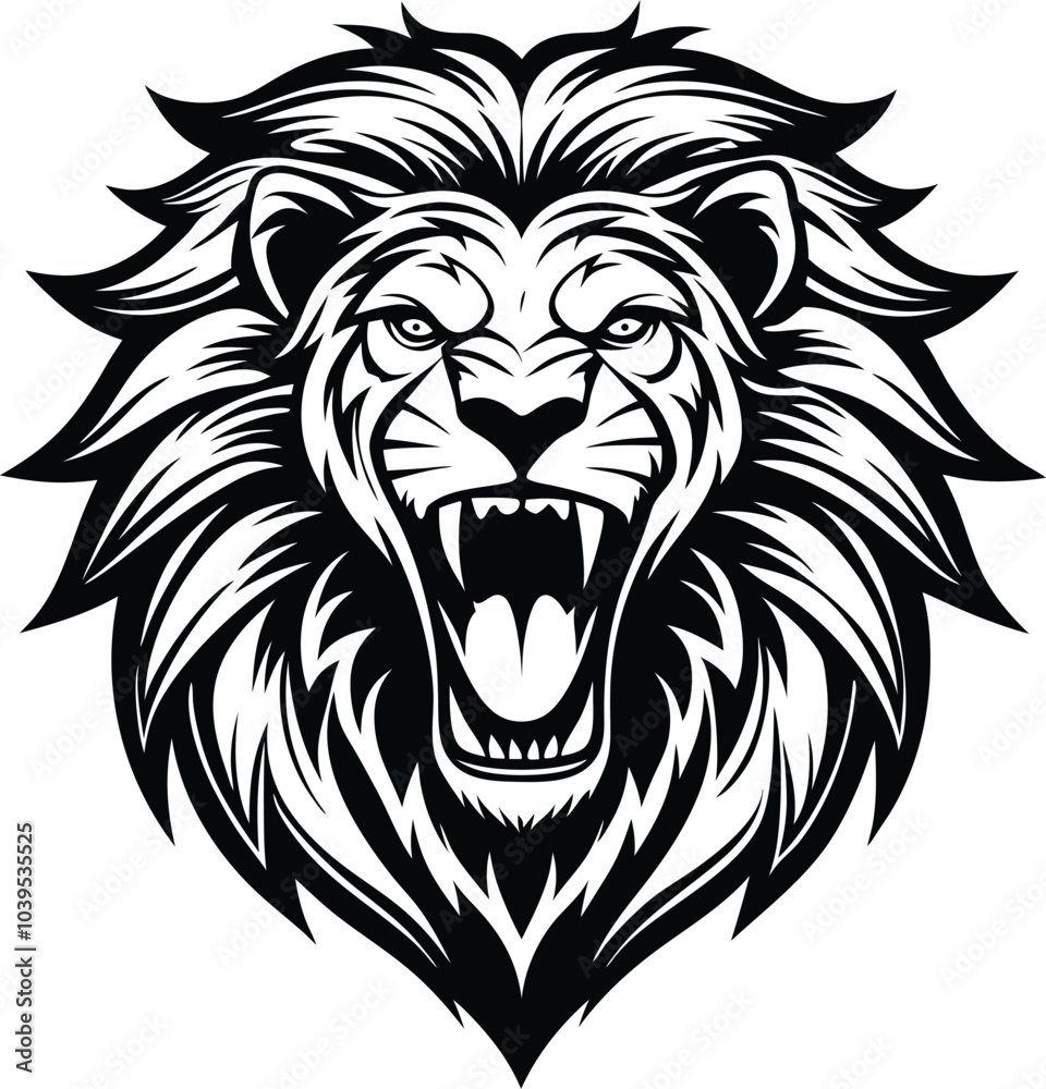 Obraz premium Roaring Lion Head: Majestic black and white illustration of a lion's head, roaring with power and intensity. Perfect for branding, logos, and designs that demand strength and dominance. 