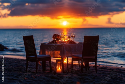 A romantic dinner on the beach at sunset, a table set with candles, flowers, and a gourmet meal, with the ocean waves gently in the background, a perfect evening of love and relaxation 